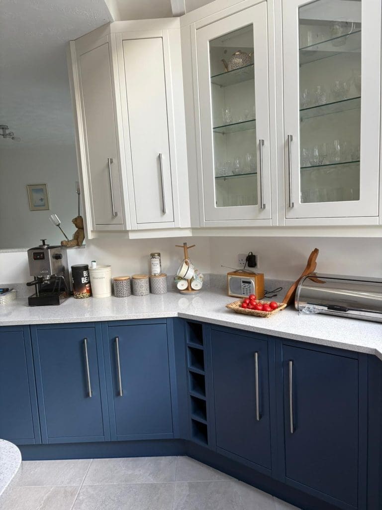 Hand Painted Kitchen Project: Kitchen after with striking blue contrast 2